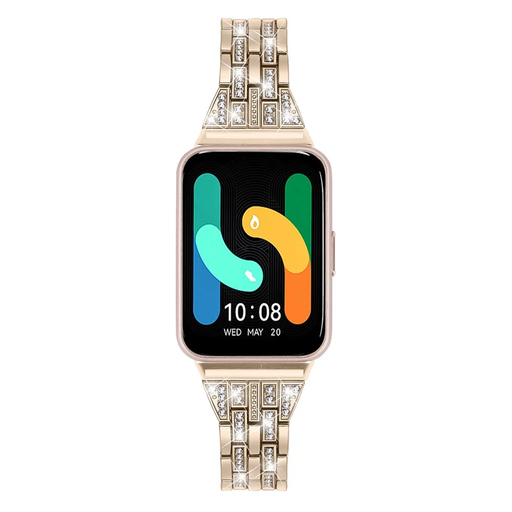 For Samsung Galaxy Fit3 SM-R390 Women Replacement 2 Rows Rhinestone Metal Watch Band Strap - Retro Gold - 2