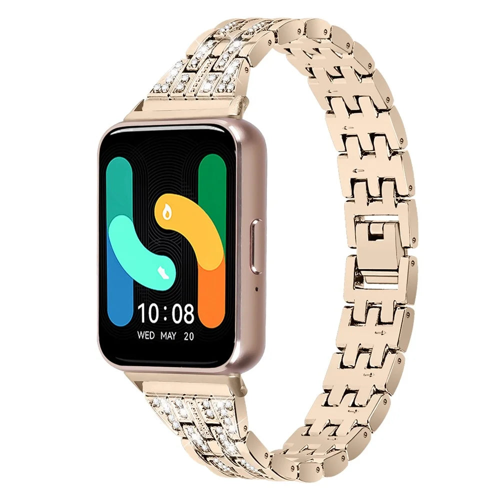 For Samsung Galaxy Fit3 SM-R390 Women Replacement 2 Rows Rhinestone Metal Watch Band Strap - Retro Gold - 3