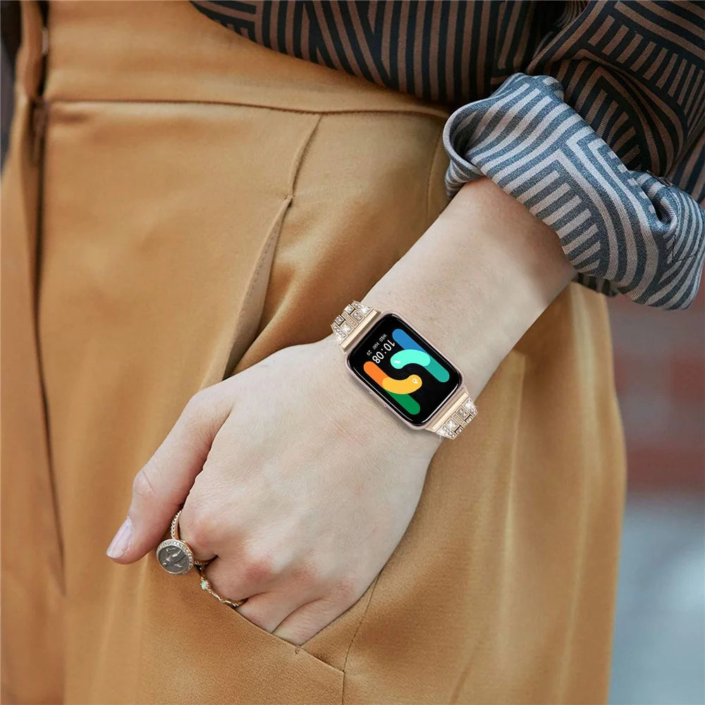For Samsung Galaxy Fit3 SM-R390 Women Replacement 2 Rows Rhinestone Metal Watch Band Strap - Retro Gold - 5