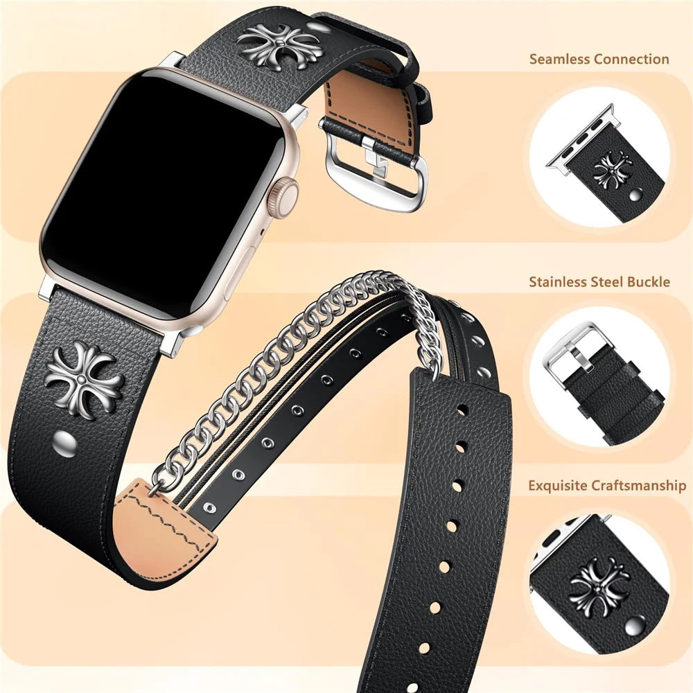 S / M Size Double Circle Punk Watch Strap for Apple Watch Series 11 10 42mm / 9 8 7 41mm / SE3 SE2 SE 6 5 4 40mm / 3 2 1 38mm Cowhide Leather Band - Black - 3