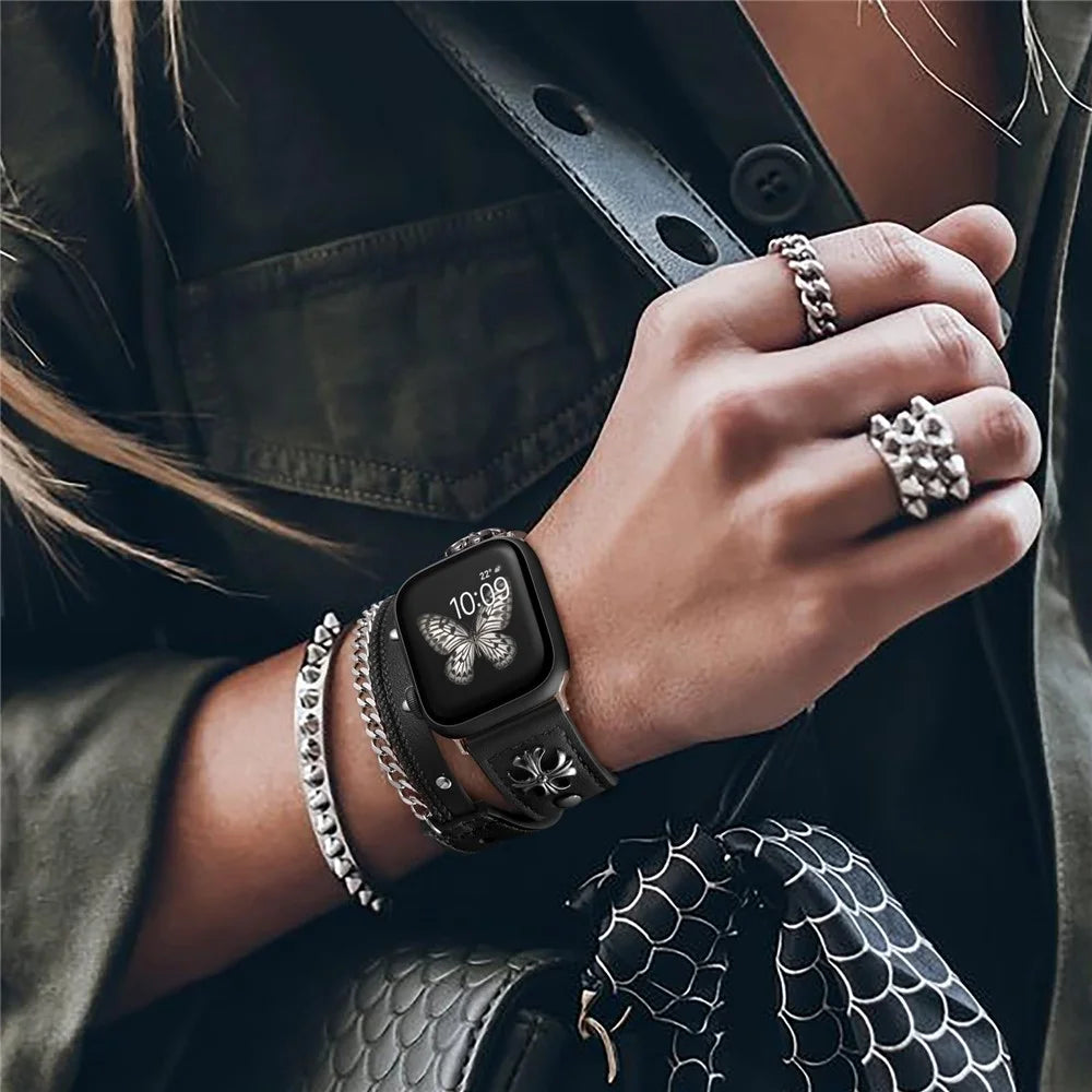 S / M Size Double Circle Punk Watch Strap for Apple Watch Series 11 10 42mm / 9 8 7 41mm / SE3 SE2 SE 6 5 4 40mm / 3 2 1 38mm Cowhide Leather Band - Black - 4