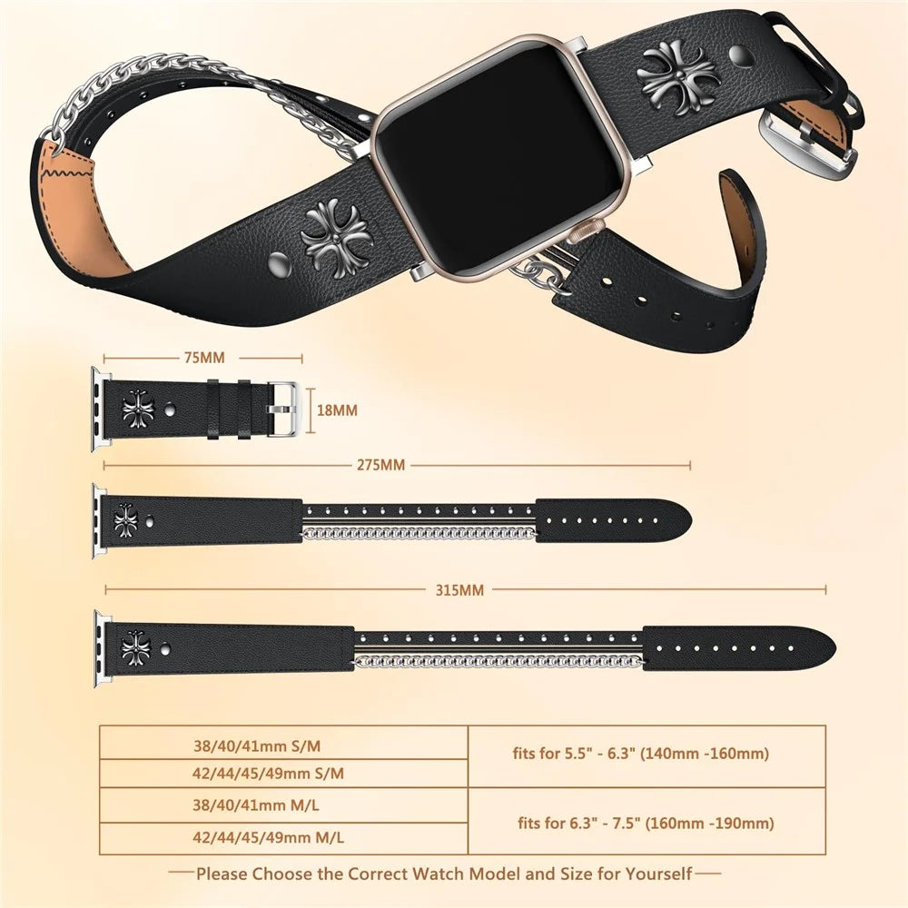 S / M Size Double Circle Punk Watch Strap for Apple Watch Series 11 10 42mm / 9 8 7 41mm / SE3 SE2 SE 6 5 4 40mm / 3 2 1 38mm Cowhide Leather Band - Black - 7