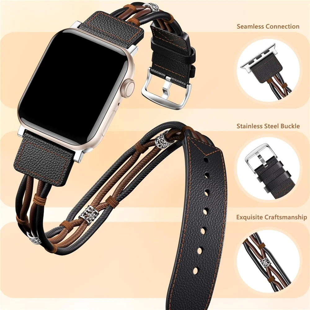 M / L Size Ethnic Style Strap for Apple Watch Ultra 3 2 1 49mm / Series 11 10 46mm / 9 8 7 45mm / SE3 SE2 SE 6 5 4 44mm / 3 2 1 42mm Cowhide Watch Band - Black - 3