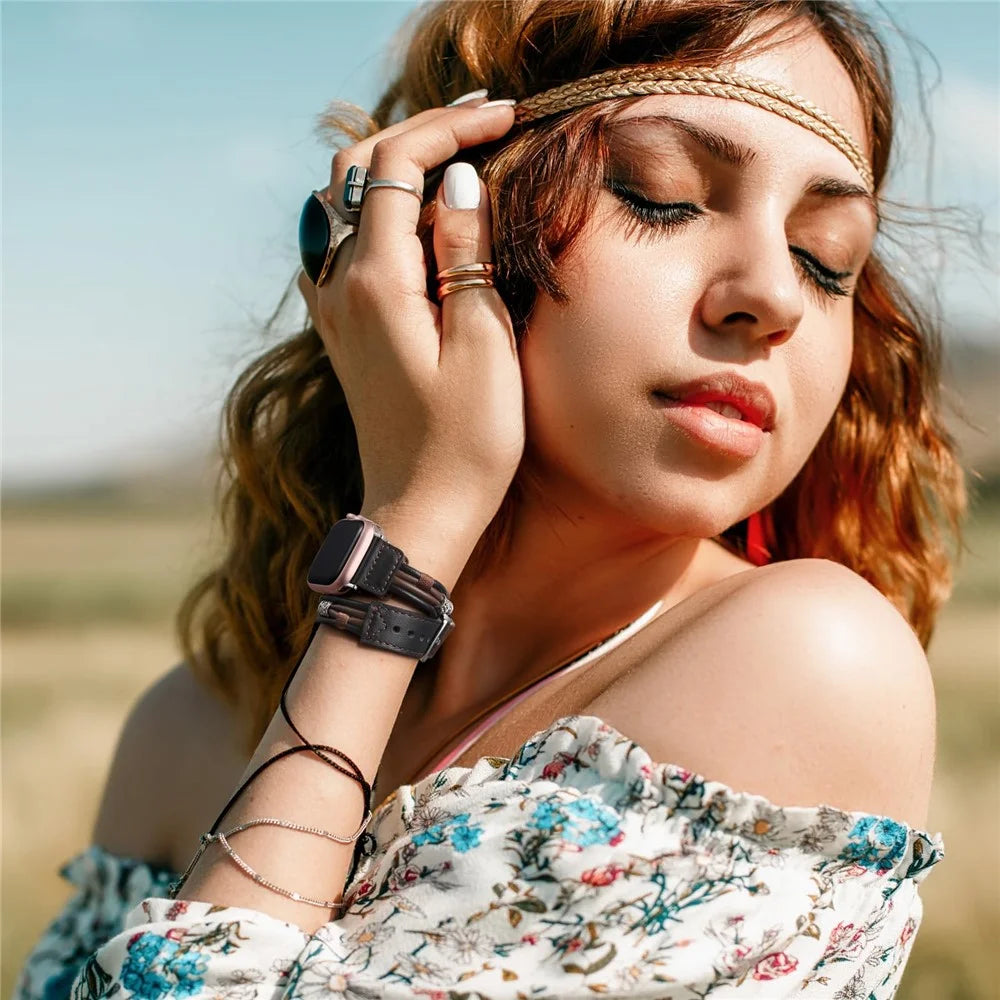 M / L Size Ethnic Style Strap for Apple Watch Ultra 3 2 1 49mm / Series 11 10 46mm / 9 8 7 45mm / SE3 SE2 SE 6 5 4 44mm / 3 2 1 42mm Cowhide Watch Band - Black - 5