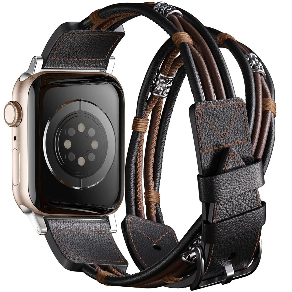 S / M Size Ethnic Style Double Circle Strap for Apple Watch Series 11 10 42mm / 9 8 7 41mm / SE3 SE2 SE 6 5 4 40mm / 3 2 1 38mm Cowhide Watch Band - Black - 1