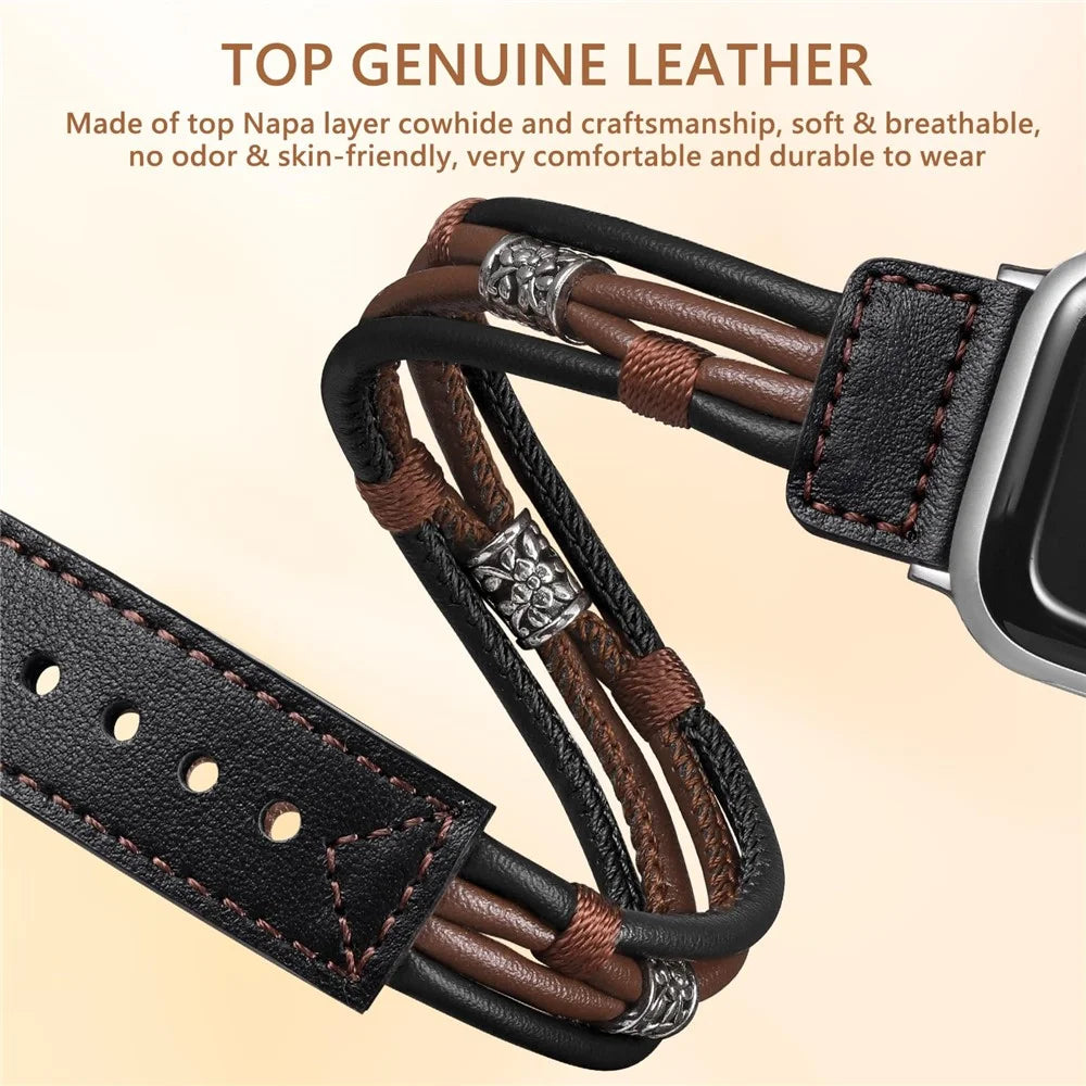 S / M Size Ethnic Style Double Circle Strap for Apple Watch Series 11 10 42mm / 9 8 7 41mm / SE3 SE2 SE 6 5 4 40mm / 3 2 1 38mm Cowhide Watch Band - Black - 2