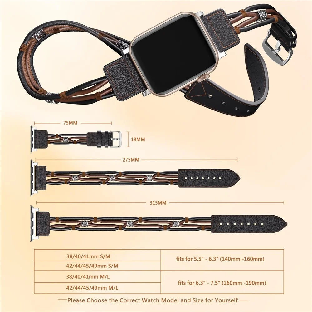 S / M Size Ethnic Style Double Circle Strap for Apple Watch Series 11 10 42mm / 9 8 7 41mm / SE3 SE2 SE 6 5 4 40mm / 3 2 1 38mm Cowhide Watch Band - Black - 7