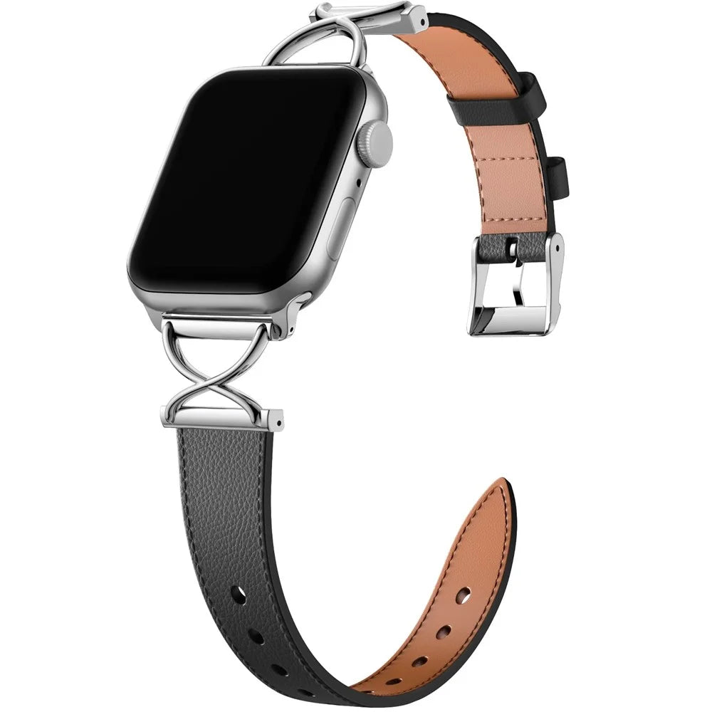 For Apple Watch Ultra 3 2 1 49mm / Series 11 10 46mm / 9 8 7 45mm / SE3 SE2 SE 6 5 4 44mm / 3 2 1 42mm Genuine Cow Leather Band (Silver Buckle) - 2