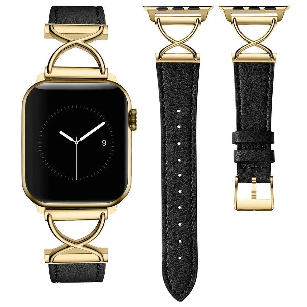 Leather Band For Apple Watch Series 11 10 42mm / 9 8 7 41mm / SE3 SE2 SE 6 5 4 40mm / 3 2 1 38mm Electroplated Buckle Watch Strap - Black+Gold - 3