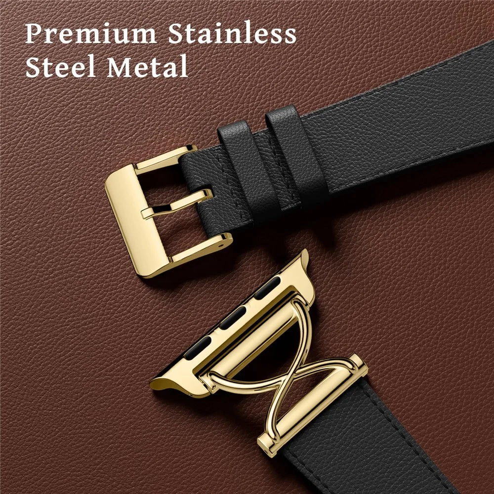 Leather Band For Apple Watch Series 11 10 42mm / 9 8 7 41mm / SE3 SE2 SE 6 5 4 40mm / 3 2 1 38mm Electroplated Buckle Watch Strap - Black+Gold - 5