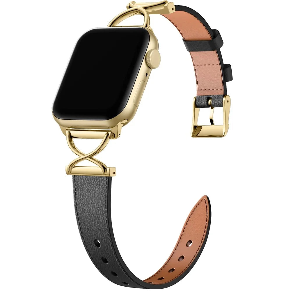 For Apple Watch Ultra 3 2 1 49mm / Series 11 10 46mm / 9 8 7 45mm / SE3 SE2 SE 6 5 4 44mm / 3 2 1 42mm Replacement Strap (Electroplated Buckle) - Black+Gold - 2