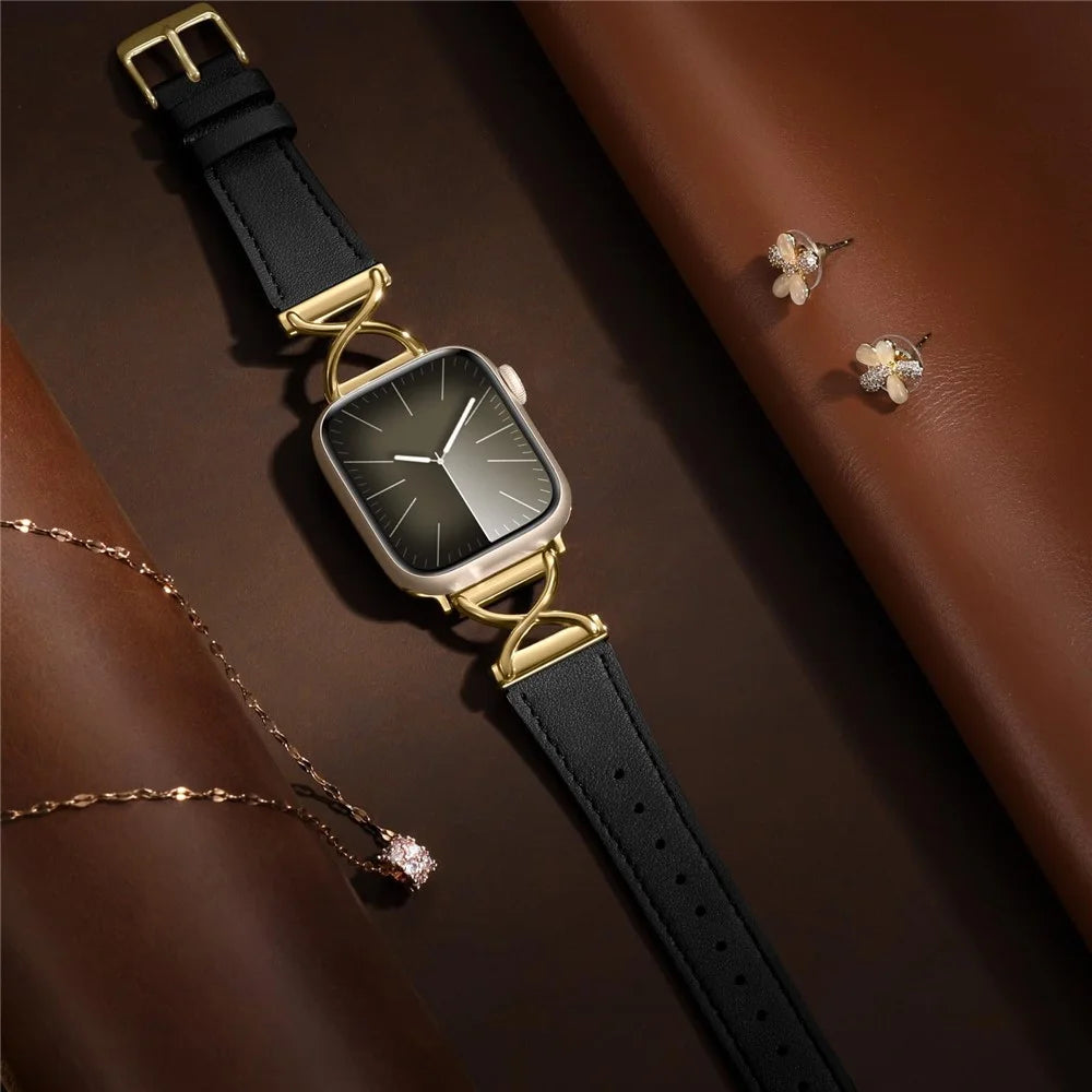 For Apple Watch Ultra 3 2 1 49mm / Series 11 10 46mm / 9 8 7 45mm / SE3 SE2 SE 6 5 4 44mm / 3 2 1 42mm Replacement Strap (Electroplated Buckle) - Black+Gold - 4