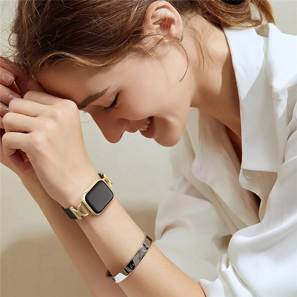 For Apple Watch Ultra 3 2 1 49mm / Series 11 10 46mm / 9 8 7 45mm / SE3 SE2 SE 6 5 4 44mm / 3 2 1 42mm Replacement Strap (Electroplated Buckle) - Black+Gold - 7