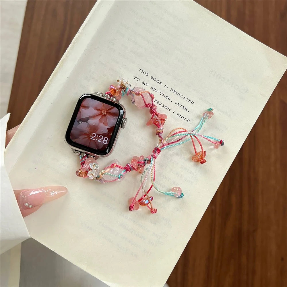 Drawstring Strap for Apple Watch Ultra 3 2 1 49mm / Series 11 10 46mm / 9 8 7 45mm / SE3 SE2 SE 6 5 4 44mm / 3 2 1 42mm Color Stone Rope Band - Red - 7