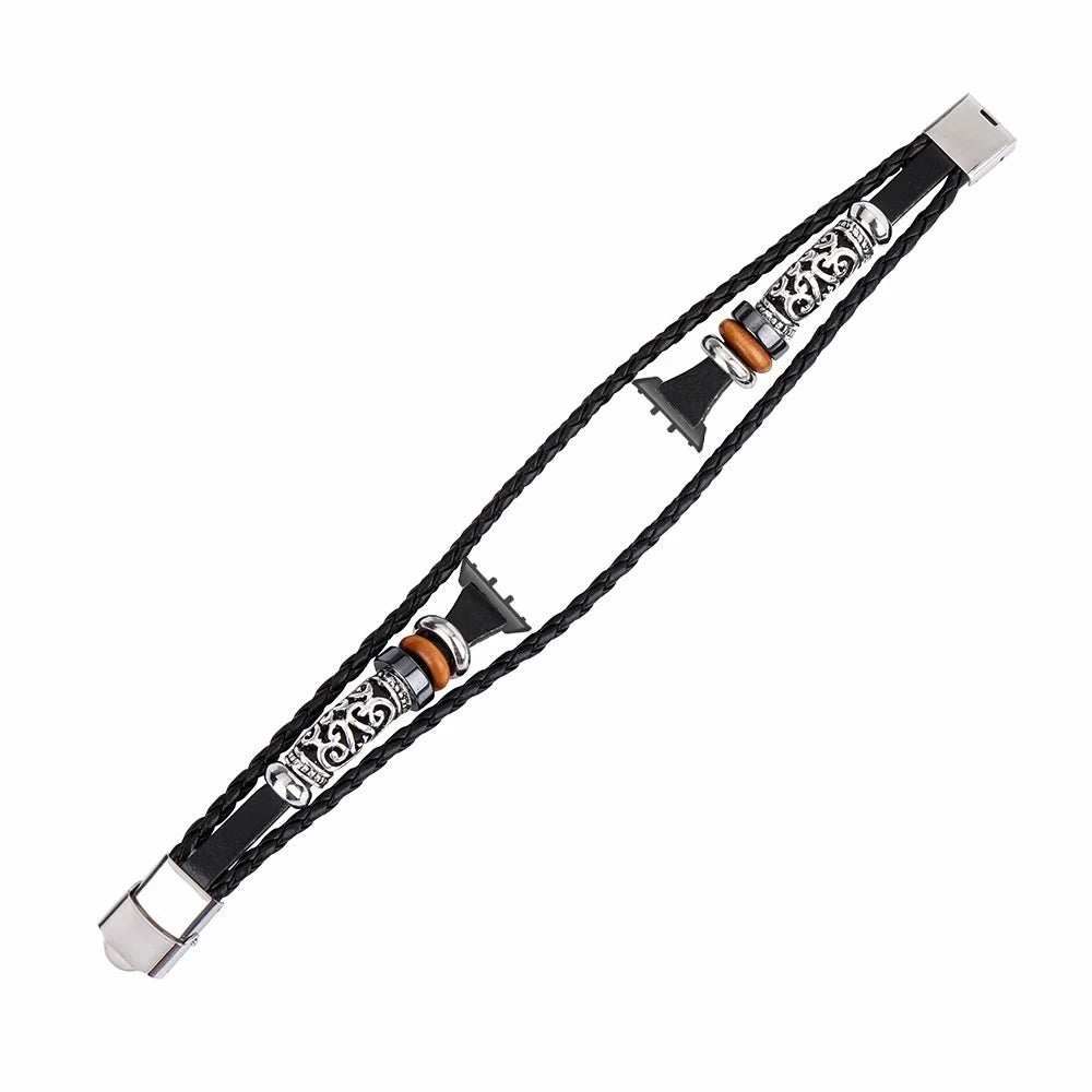 For Samsung Galaxy Fit3 PU Leather+Metal Bracelet Ethnic Retro Style Watch Strap - Black - 1