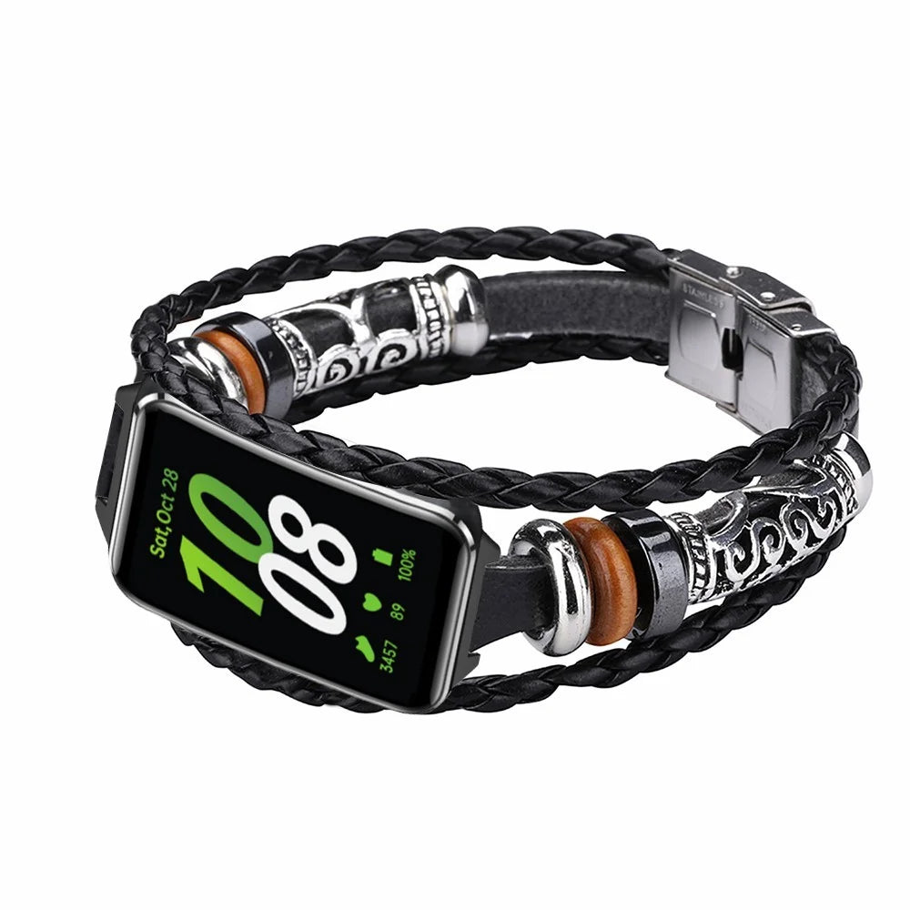 For Samsung Galaxy Fit3 PU Leather+Metal Bracelet Ethnic Retro Style Watch Strap - Black - 2