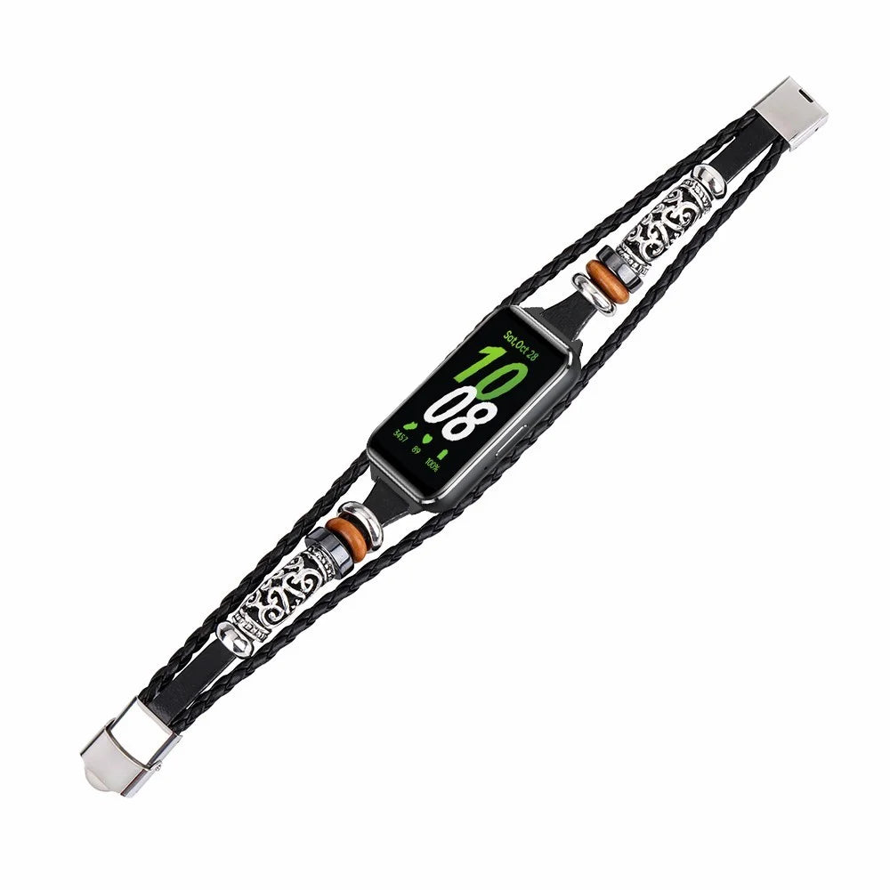For Samsung Galaxy Fit3 PU Leather+Metal Bracelet Ethnic Retro Style Watch Strap - Black - 3