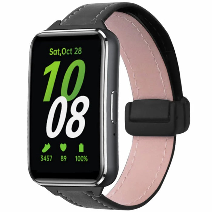 For Samsung Galaxy Fit3 Watch Band Genuine Cow Leather Folding Magnetic Buckle Strap - Black - 2