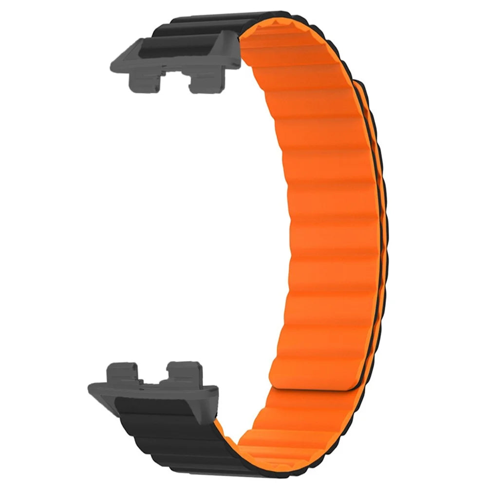For Huawei Band 9 Magnetic Wrist Band Adjustable Silicone Watch Strap Watch Replacement Accessory - Black+Orange - 1