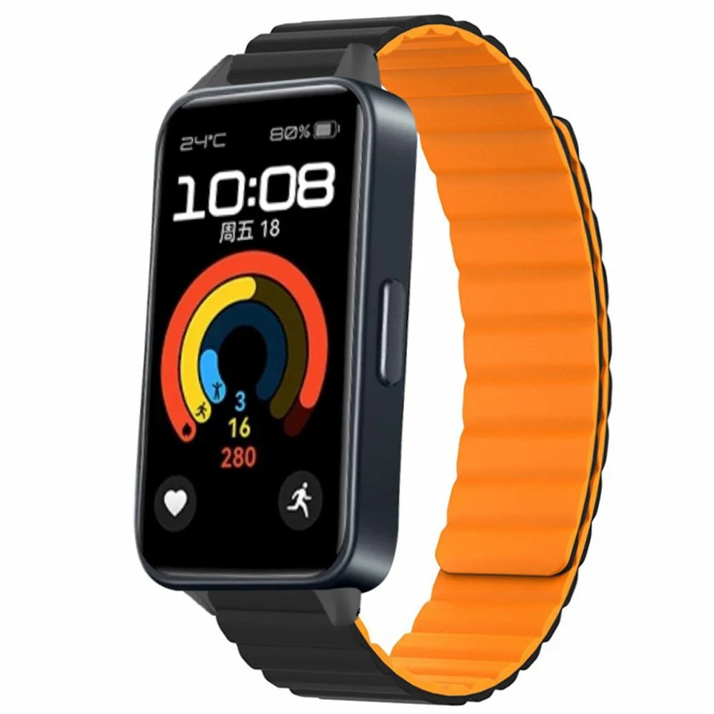 For Huawei Band 9 Magnetic Wrist Band Adjustable Silicone Watch Strap Watch Replacement Accessory - Black+Orange - 2