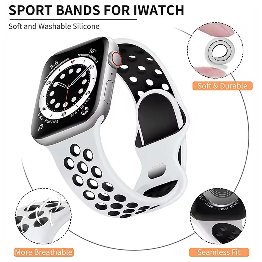 Silicone Watch Band For Apple Watch Series 11 10 42mm / 9 8 7 41mm / SE3 SE2 SE 6 5 4 40mm / 3 2 1 38mm Dual Color Strap - Black+Light Pink - 3