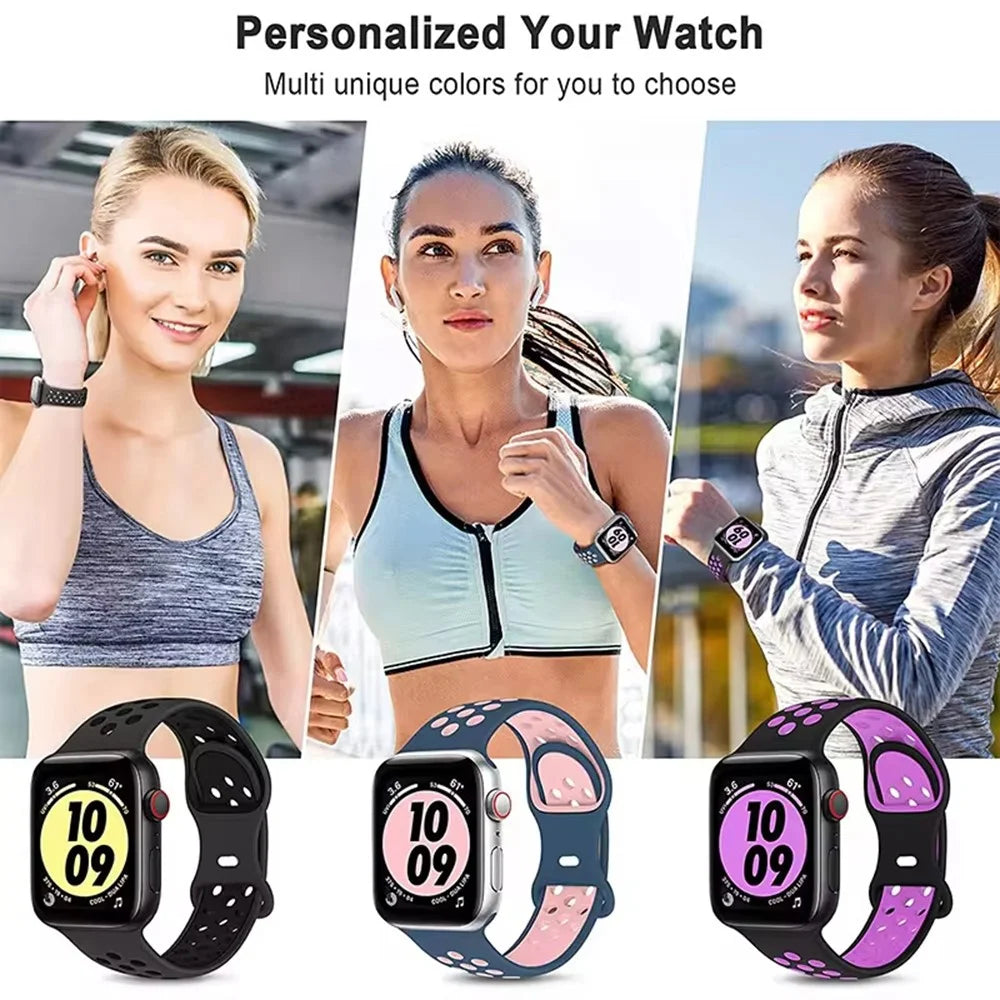 Silicone Watch Band For Apple Watch Series 11 10 42mm / 9 8 7 41mm / SE3 SE2 SE 6 5 4 40mm / 3 2 1 38mm Dual Color Strap - Black+Light Pink - 6