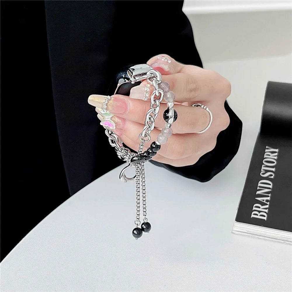 For Xiaomi Smart Band 8 Stainless Steel Watch Band Beads Chain Bracelet with Case - White+Gold - 2