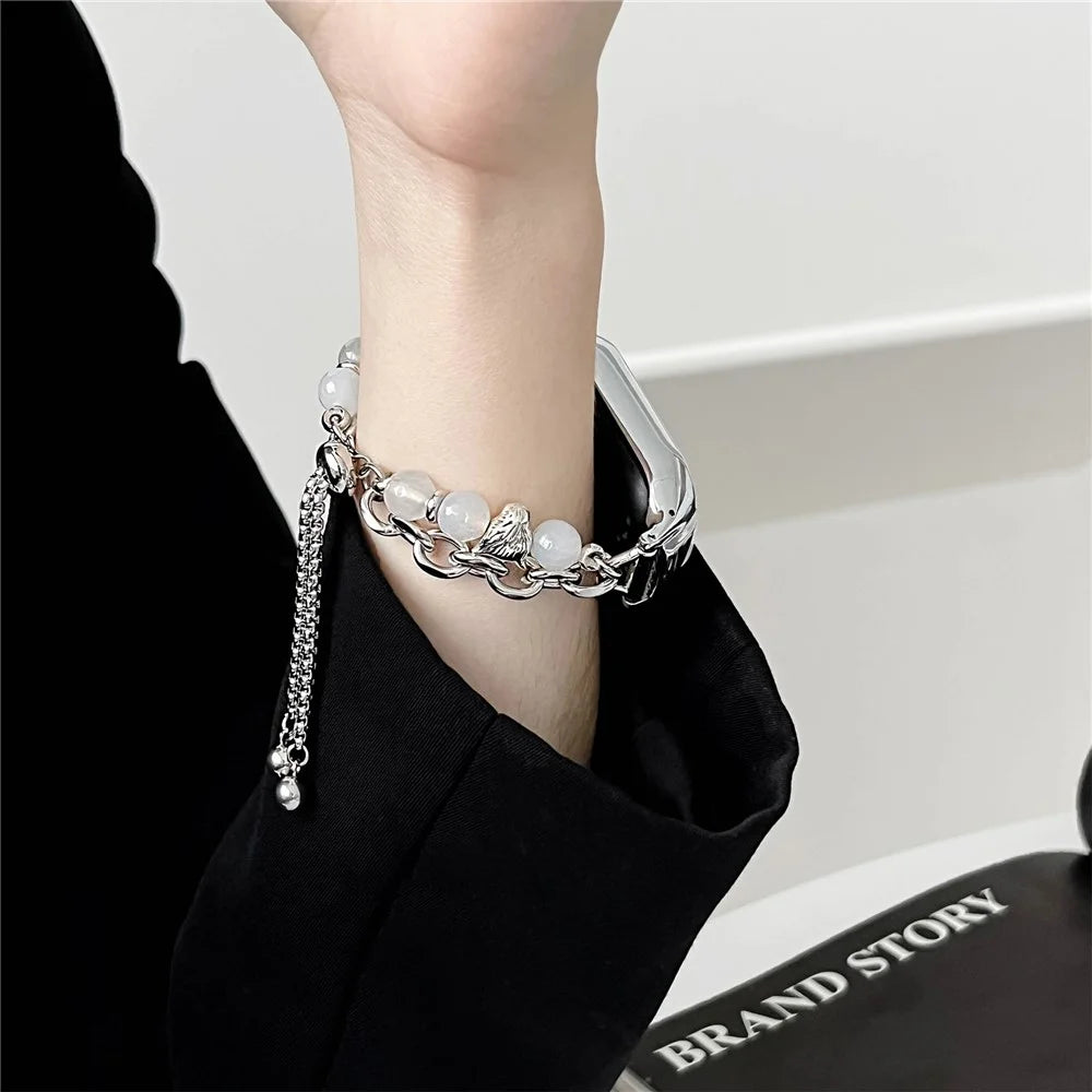 For Xiaomi Smart Band 8 Stainless Steel Watch Band Beads Chain Bracelet with Case - White+Gold - 4