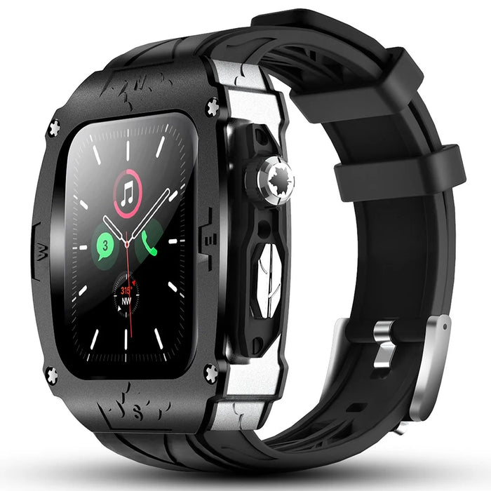 For Apple Watch Series 4 5 6 44mm / Series 7 8 9 45mm Watchband Integrated Silicone Strap + Watch Case - Silver - 1