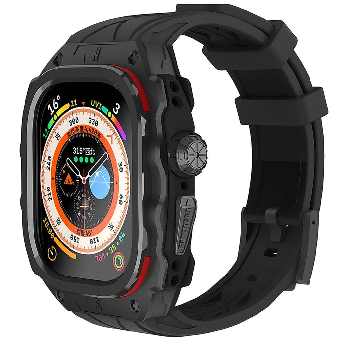 For Apple Watch Ultra 49mm / Ultra 2 49mm Silicone Wrist Strap Band + Integrated Metal Watch Case - Red - 1