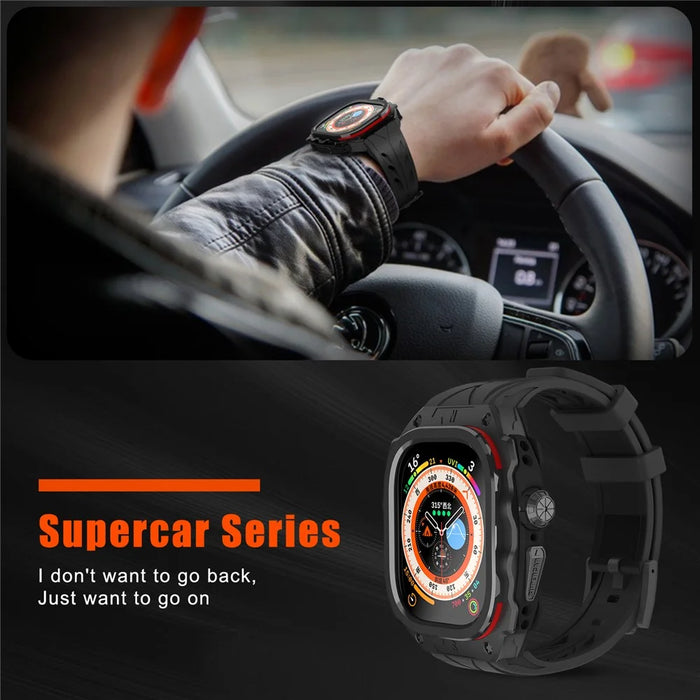 For Apple Watch Ultra 49mm / Ultra 2 49mm Silicone Wrist Strap Band + Integrated Metal Watch Case - Red - 2