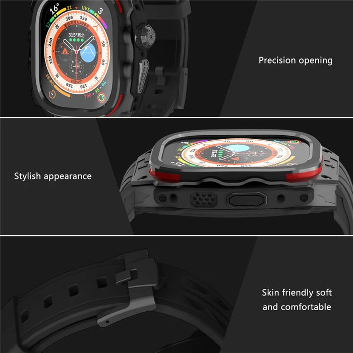 For Apple Watch Ultra 49mm / Ultra 2 49mm Silicone Wrist Strap Band + Integrated Metal Watch Case - Red - 3