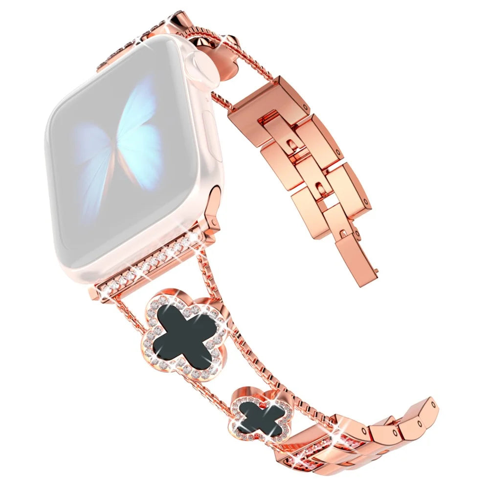 Four Leaf Clover Watch Strap for Apple Watch Series 11 10 42mm / 9 8 7 41mm / SE3 SE2 SE 6 5 4 40mm / 3 2 1 38mm Metal Wrist Band - Rose Gold+Black - 1