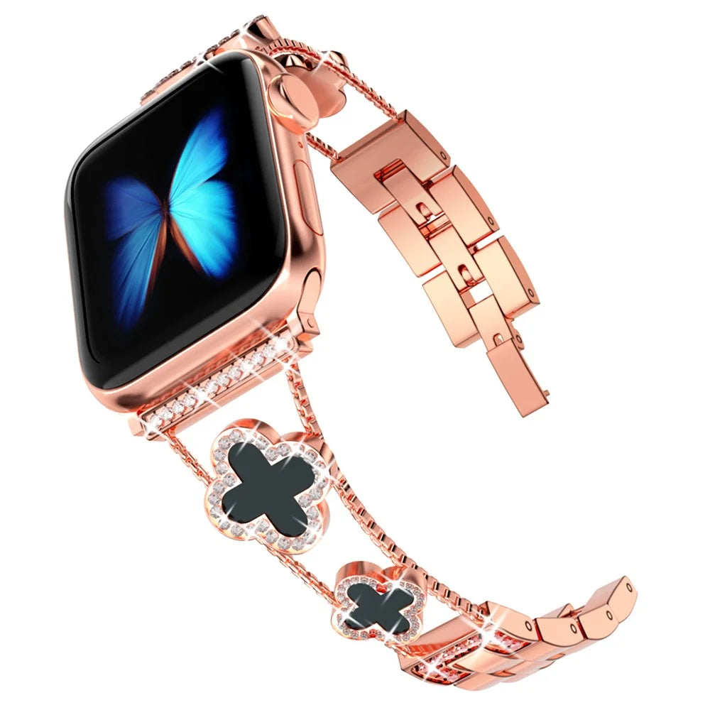 Four Leaf Clover Watch Strap for Apple Watch Series 11 10 42mm / 9 8 7 41mm / SE3 SE2 SE 6 5 4 40mm / 3 2 1 38mm Metal Wrist Band - Rose Gold+Black - 2