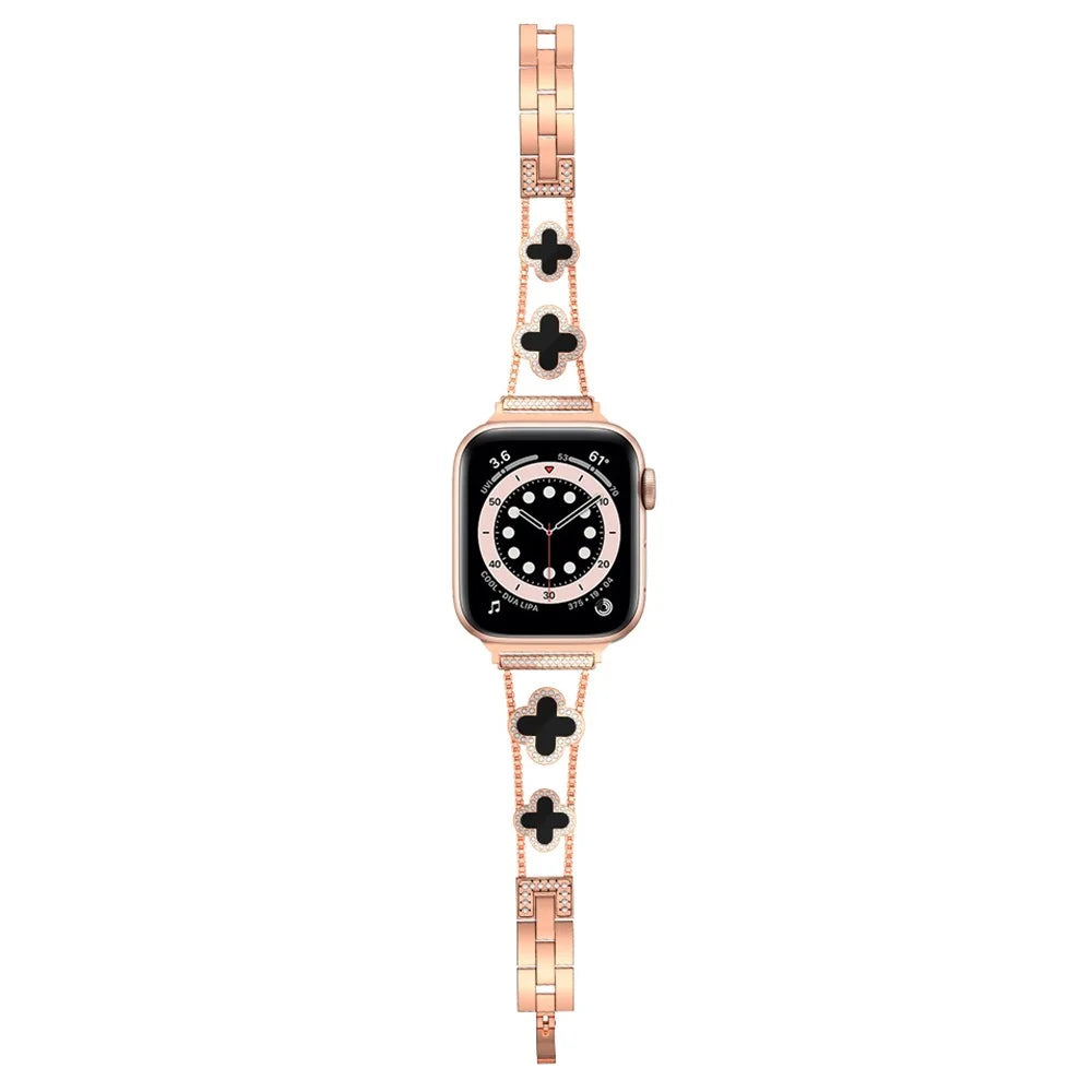 Four Leaf Clover Watch Strap for Apple Watch Series 11 10 42mm / 9 8 7 41mm / SE3 SE2 SE 6 5 4 40mm / 3 2 1 38mm Metal Wrist Band - Rose Gold+Black - 3