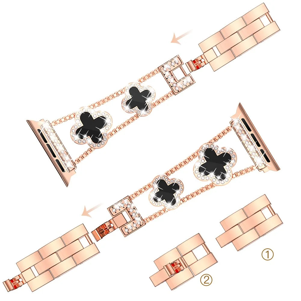 Four Leaf Clover Watch Strap for Apple Watch Series 11 10 42mm / 9 8 7 41mm / SE3 SE2 SE 6 5 4 40mm / 3 2 1 38mm Metal Wrist Band - Rose Gold+Black - 4