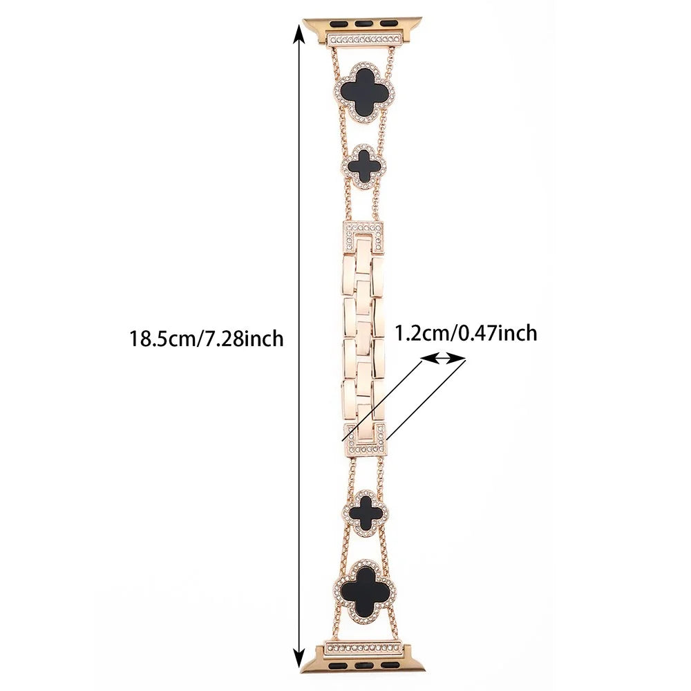 Four Leaf Clover Watch Strap for Apple Watch Series 11 10 42mm / 9 8 7 41mm / SE3 SE2 SE 6 5 4 40mm / 3 2 1 38mm Metal Wrist Band - Rose Gold+Black - 6