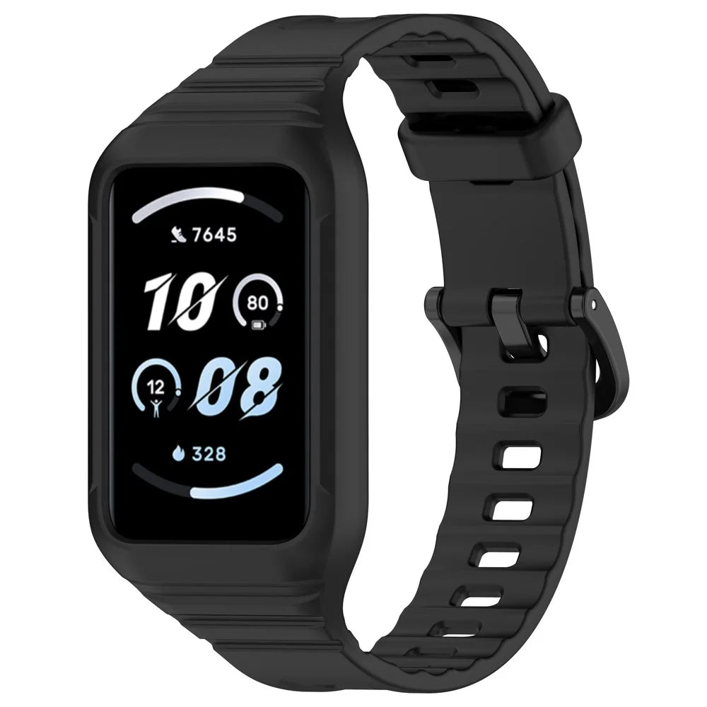For Honor Band 9 Replacement Watch Band Silicone Strap with Protective Case - Black - 1