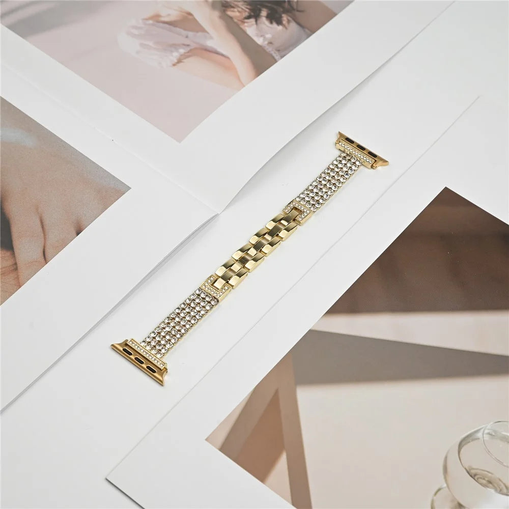 Strap For Apple Watch Series 11 10 42mm / 9 8 7 41mm / SE3 SE2 SE 6 5 4 40mm / 3 2 1 38mm 4-Rows Rhinestone Zinc Alloy Watch Band - Gold - 3