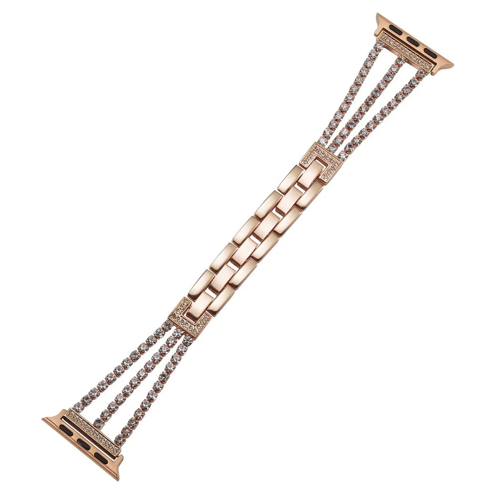 3 Rows Rhinestone Watch Strap for Apple Watch Series 11 10 42mm / 9 8 7 41mm / SE3 SE2 SE 6 5 4 40mm / 3 2 1 38mm Zinc Alloy Band - Rose Gold - 1