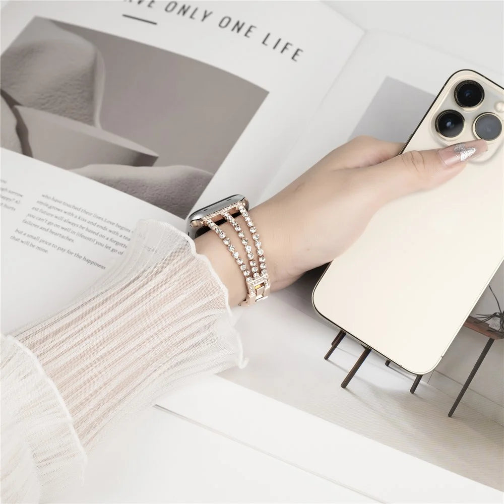 3 Rows Rhinestone Watch Strap for Apple Watch Series 11 10 42mm / 9 8 7 41mm / SE3 SE2 SE 6 5 4 40mm / 3 2 1 38mm Zinc Alloy Band - Rose Gold - 2