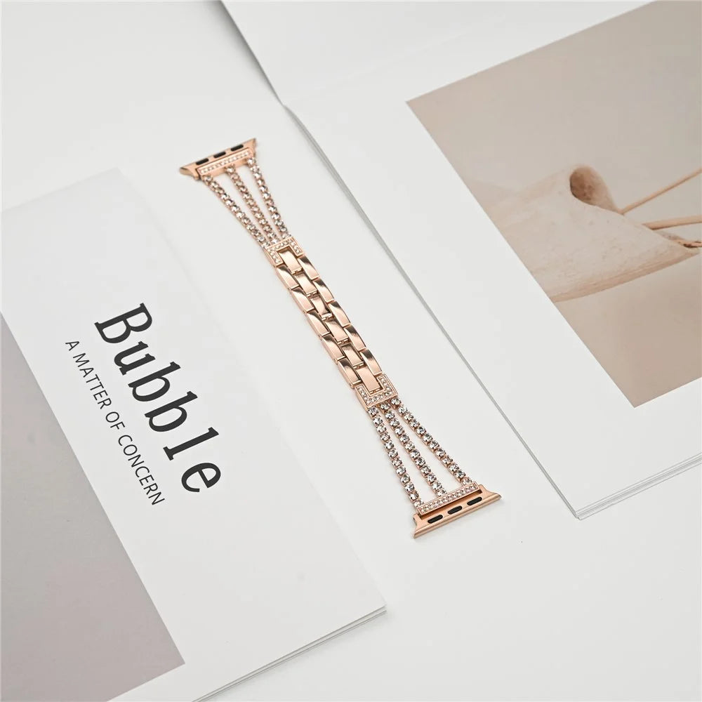 3 Rows Rhinestone Watch Strap for Apple Watch Series 11 10 42mm / 9 8 7 41mm / SE3 SE2 SE 6 5 4 40mm / 3 2 1 38mm Zinc Alloy Band - Rose Gold - 3