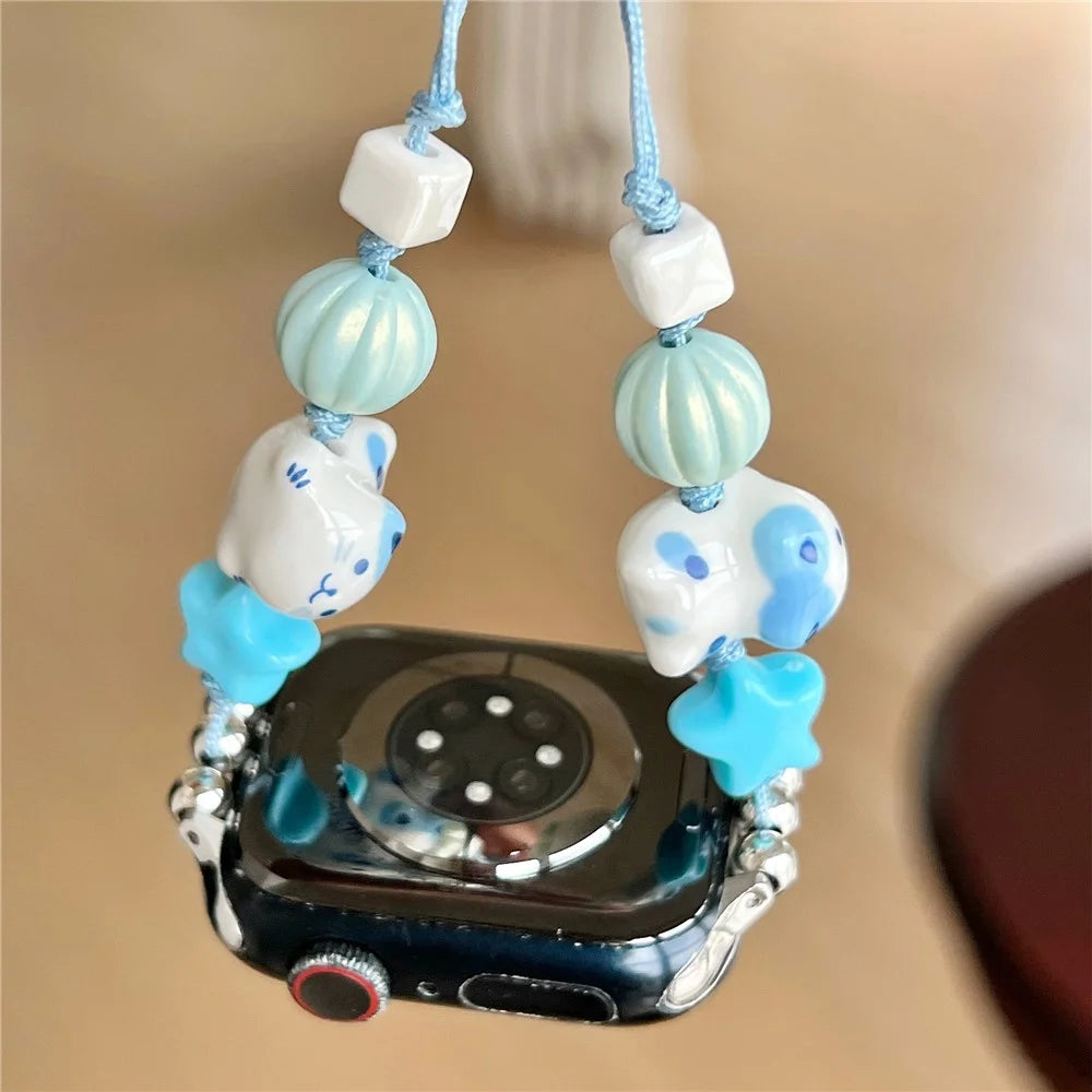 Cartoon Cat Ceramic Beads Strap for Apple Watch Series 11 10 42mm / 9 8 7 41mm / SE3 SE2 SE 6 5 4 40mm / 3 2 1 38mm Drawstring Bracelet - Blue - 3