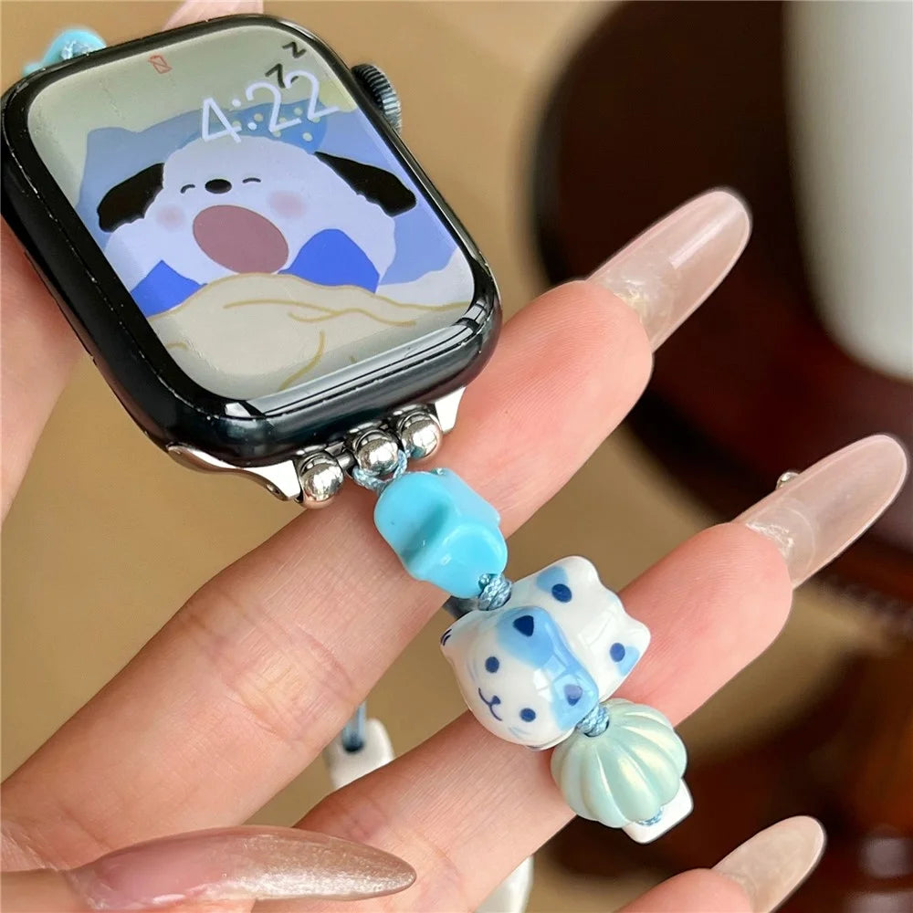 Cartoon Cat Ceramic Beads Strap for Apple Watch Series 11 10 42mm / 9 8 7 41mm / SE3 SE2 SE 6 5 4 40mm / 3 2 1 38mm Drawstring Bracelet - Blue - 4