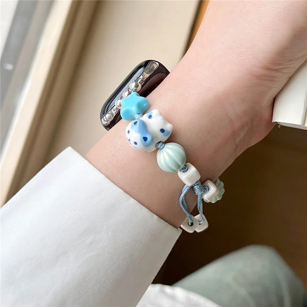 Cartoon Cat Ceramic Beads Strap for Apple Watch Series 11 10 42mm / 9 8 7 41mm / SE3 SE2 SE 6 5 4 40mm / 3 2 1 38mm Drawstring Bracelet - Blue - 5