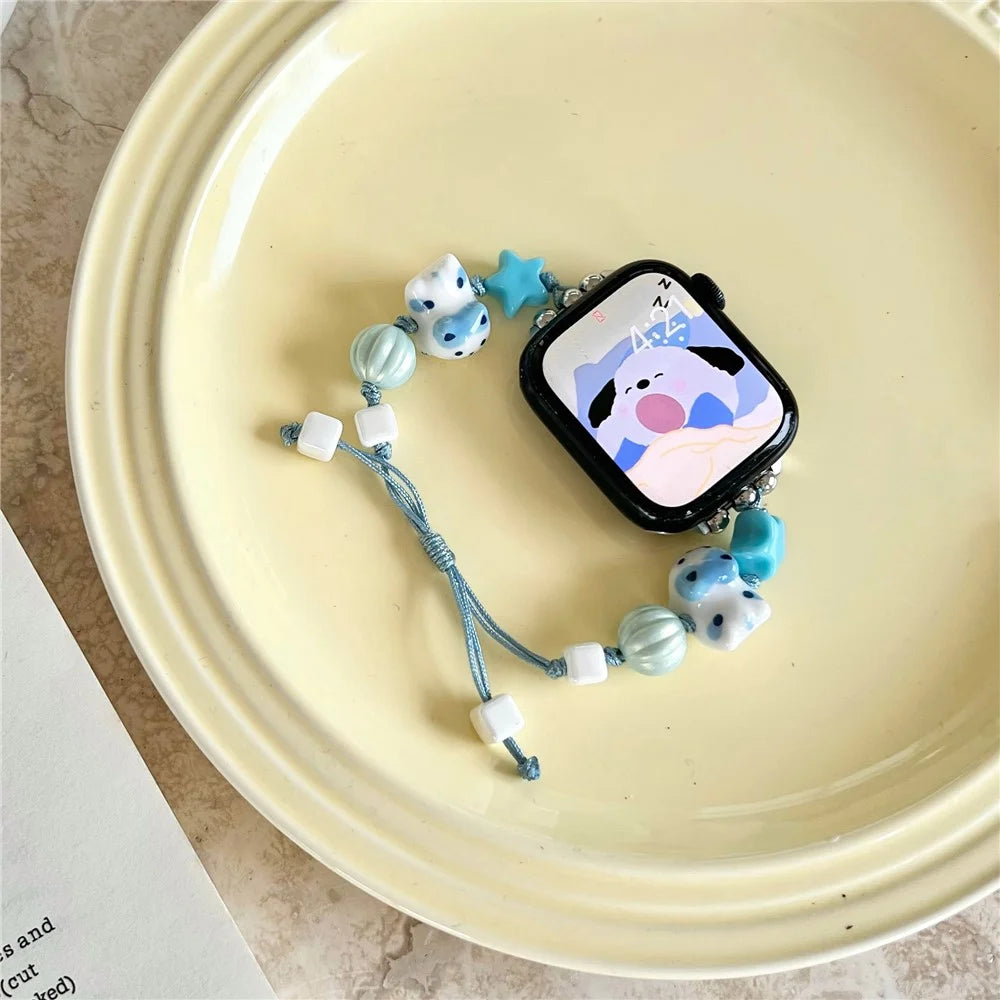 Cartoon Cat Ceramic Beads Strap for Apple Watch Series 11 10 42mm / 9 8 7 41mm / SE3 SE2 SE 6 5 4 40mm / 3 2 1 38mm Drawstring Bracelet - Blue - 6