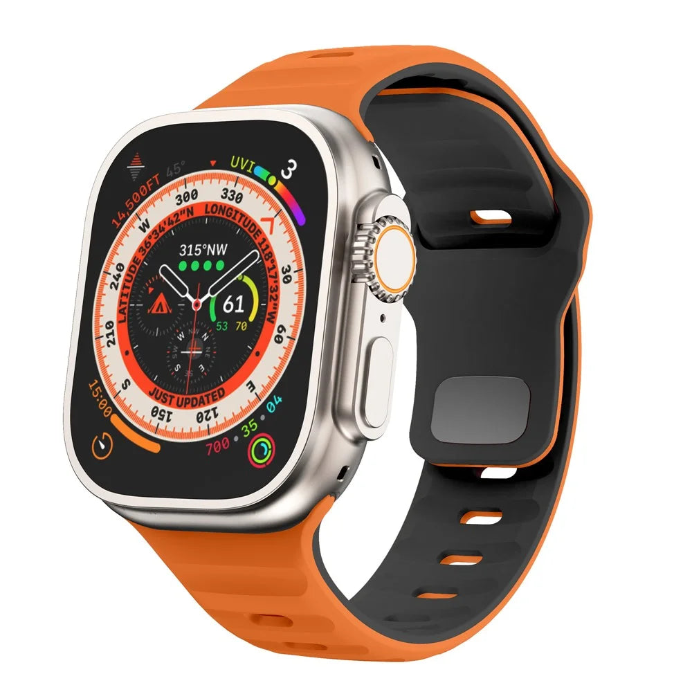 For Apple Watch Ultra 3 2 1 49mm / Series 11 10 46mm / 9 8 7 45mm / SE3 SE2 SE 6 5 4 44mm / 3 2 1 42mm Dual-Color Silicone Strap - Orange+Black - 2