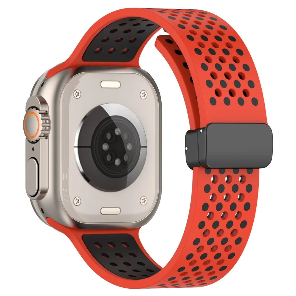 For Apple Watch Series 11 10 42mm / 9 8 7 41mm / SE3 SE2 SE 6 5 4 40mm / 3 2 1 38mm Silicone Strap Dual-Color Magnetic Watch Band - Red+Black - 1