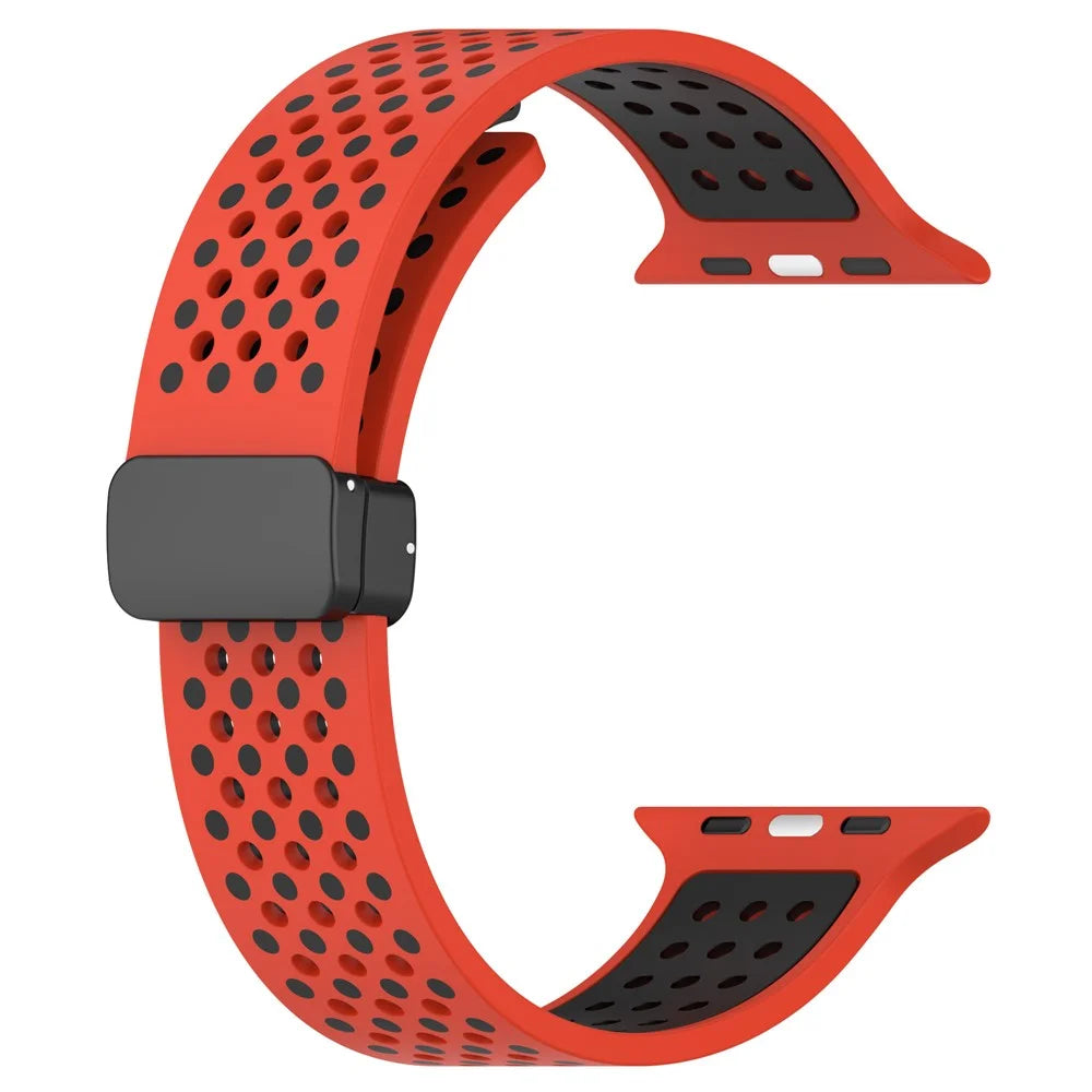 For Apple Watch Series 11 10 42mm / 9 8 7 41mm / SE3 SE2 SE 6 5 4 40mm / 3 2 1 38mm Silicone Strap Dual-Color Magnetic Watch Band - Red+Black - 2