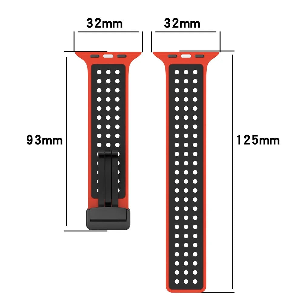 For Apple Watch Series 11 10 42mm / 9 8 7 41mm / SE3 SE2 SE 6 5 4 40mm / 3 2 1 38mm Silicone Strap Dual-Color Magnetic Watch Band - Red+Black - 7